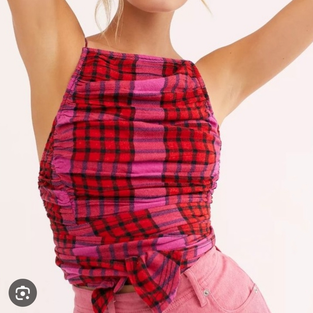 Free People Real Love Plaid Pink and Red Women's Strappy Wrap Top - Picture 1 of 6